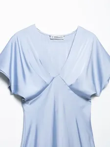Elegant light blue satin V-neck short sleeve dress with smooth silky texture for women.