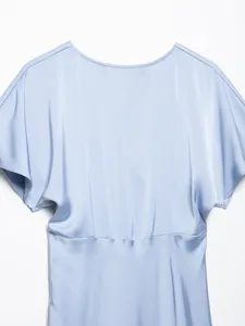 Light blue satin texture dress back detail, soft fabric, elegant short sleeves.
