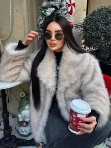 Oversized faux fur lapel coat for women, cozy winter warm fluffy outerwear, stylish streetwear.
