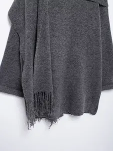 Dark grey women short knit coat detail, stylish fringe scarf design winter outerwear