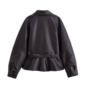 Women's short faux leather jacket with belt stylish autumn outerwear dark brown chic coat