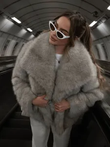 Stylish women grey faux fur lapel coat winter warm fluffy outerwear casual streetwear