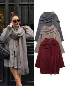 Women's Casual Open Front Knit Cardigan Coat With Scarf Long Sleeve Single Breasted Button Solid Color Outerwear Top