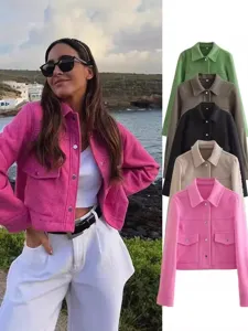 Mujer Casual Solapa Monopetto Manga Larga Bolsillo Poliéster Abrigo de Lana Chaqueta Corta Sólida Estilo Callejero