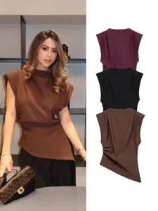 Women's Casual European American Style Asymmetric Pleated Shoulder Pad Sleeveless Top Slim Fit Polyester Fashion Blouse