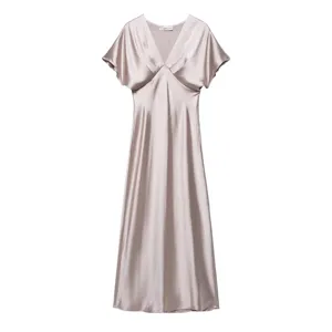 Elegant satin V-neck short sleeve midi dress for women, chic solid color casual wear.