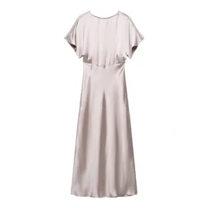 Elegant silk-texture midi dress for women, casual short sleeve high waist design for summer.