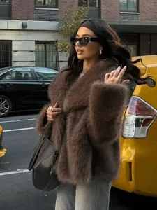Cross-border Amazon INS fashion women's winter brown faux fur lapel coat casual outerwear.