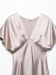 Elegant satin V-neck short sleeve dress for women, chic solid color party wear clothing.