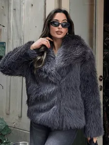 Close-up detail of the dark grey faux fur coat showing soft fluffy texture and wide lapel collar.