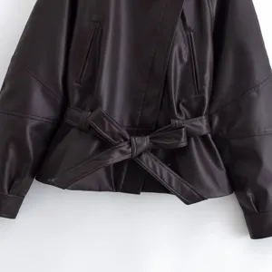 Dark brown faux leather short jacket detail, stylish belted waist and lapel design.
