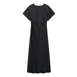 Black satin maxi dress detail view, short sleeve casual elegant style for women spring summer.
