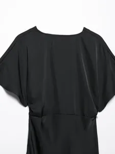 Black satin texture short sleeve women top detail shot elegant casual style apparel chic