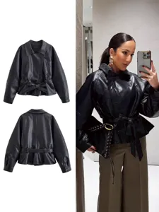 Women's Short Faux Leather Trench Coat Lapel Long Sleeve Casual Jacket With Belt Autumn Streetwear Outerwear