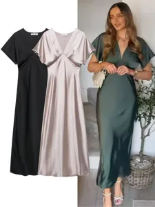 Women v-neck short sleeve satin dress casual elegant long midi dresses summer spring wear