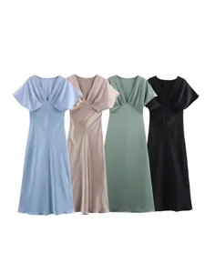 Women V-neck Satin Midi Dress Short Flutter Sleeve Elegant Casual Party Dress Multi-colors