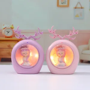 Cute deer antler fairy night light resin desktop ornament gift for girls bedroom decor
