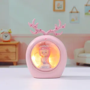 Cute pink deer antler fairy night light desktop ornament for bedroom decor and girl gifts.