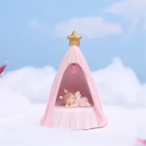 Süßes pinkes Zelt Nachtlicht Harz Figur Desktop Ornament mit Hasen Stern Design für Zimmer Dekor.
