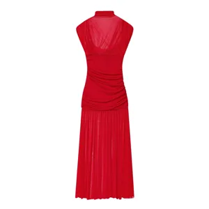 Elegante vestido midi rojo sin mangas con cuello alto plisado para mujer moda primavera.