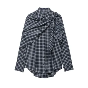 French plaid button-down long sleeve shirt with stylish shoulder tie detail, casual top.