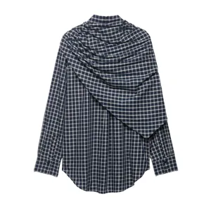 Women's stylish French plaid long sleeve shirt with creative drape design, casual loose fit top.