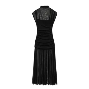 Vestido midi negro sin mangas con cuello alto, parte superior de malla transparente y falda.