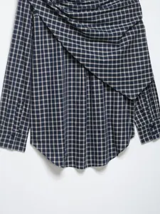 French vintage plaid blouse for women, long sleeve casual checkered shirt with elegant drape.