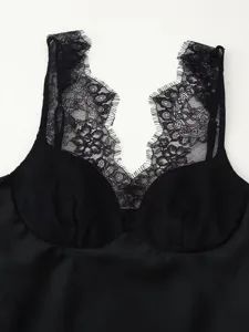 Detailed view of black lace satin camisole, elegant sleeveless top for women fashion.