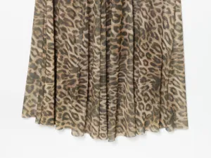 Leopard print mesh pleated dress detail, elegant sexy summer women long skirt apparel.