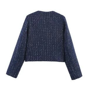 Back detail view of the dark blue tweed short jacket, showing elegant woven fabric texture.