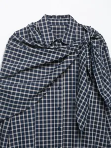 French plaid tie-front long sleeve shirt detail, casual lapel blouse for women.