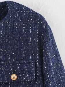 Blue tweed jacket detail, round neck, gold metal button, pocket trim, chic short outerwear.