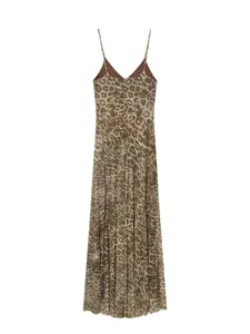 Leopard print slip long dress, V-neck slim fit summer sleeveless maxi dress for women.