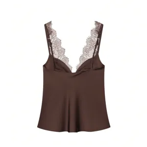 Chocolate brown satin camisole top detail, delicate lace V-neck trim, sleeveless silk look