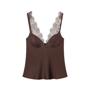 Chic brown lace trim camisole top, silky satin sleeveless V-neck women fashion summer shirt.