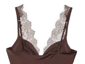 Brown satin lace trim camisole top detail, elegant v-neck sleeveless design close-up.