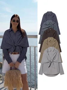Women's French Plaid Tie Front Blouse Loose Turn Down Collar Long Sleeve Casual Shirt