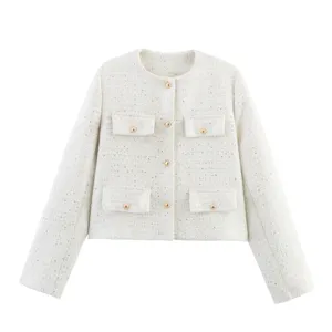 Women's Short Round Neck Tweed Jacket Elegant Gold Button Four Pocket Outerwear Top