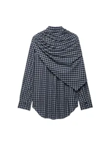 Women French plaid long sleeve shirt casual loose lapel blouse with stylish draped scarf design.