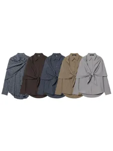 French plaid tie shirt long sleeve casual top loose lapel women's stylish blouse main view
