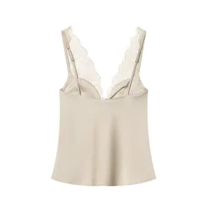 Elegant silk-texture camisole top with delicate V-neck lace trim and thin adjustable straps.
