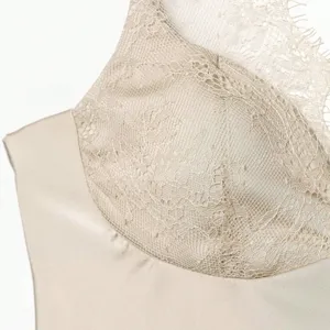 Close-up detail of luxurious satin and delicate lace trim on women's elegant camisole.