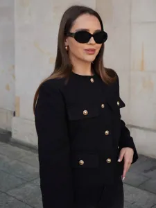 Chic black tweed jacket for women with gold buttons and pockets. Perfect for elegant looks.