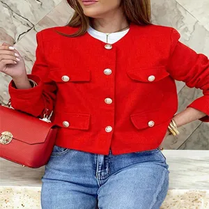 Chic red tweed cropped jacket for women, stylish crew neck with elegant metal buttons and pockets.