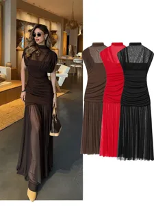 Vestido Largo Sin Mangas con Cuello Alto y Patchwork Plisado Estilo Europeo y Americano para Mujer Primavera