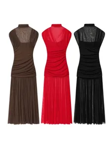 Vestido Midi Sin Mangas Fruncido Malla Cuello Alto Estilo Europeo Primavera Moda Mujer