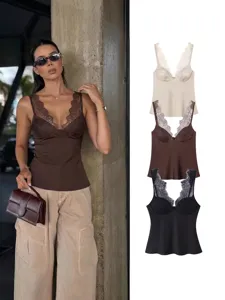 Women's Casual Satin Texture Lace Patchwork V Neck Cami Top Sexy Sleeveless Slim Fit Cropped Tank Top For Women Fashion Clothing