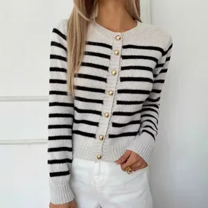 Dames gestreepte gebreide vest trui met gouden knopen, casual longsleeve ronde hals top voor herfst.