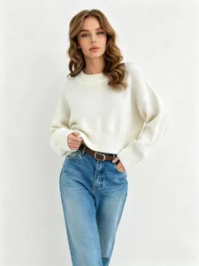 Women's casual white knitted sweater, loose crop long sleeve pullover, stylish autumn knitwear.